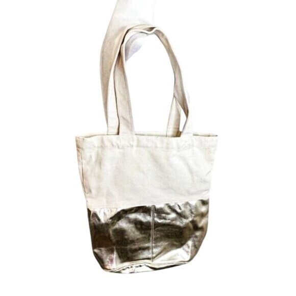 CHARMING CHARLIE Canvas Gold Metallic Bottom Tote‎ Bag with Interior Pocket - Picture 2 of 5